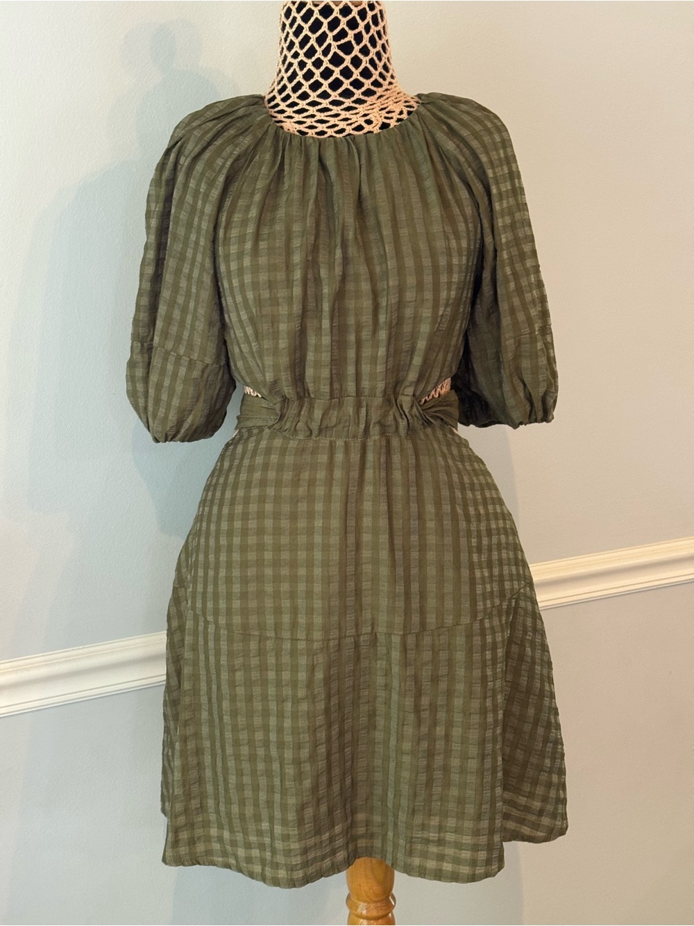 Moon River Olive Green Gingham Midi Dress with Puff Sleeves